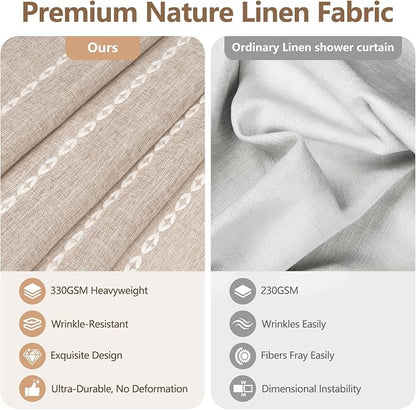 Seenus Boho Farmhouse Shower Curtain Heavyweight with Tassels, 72 x 84 Inch Extra Long Taupe Linen Textured Fabric Shower Curtain for Bathroom, Tan and White Striped Bath Décor Curtain Water Repellent