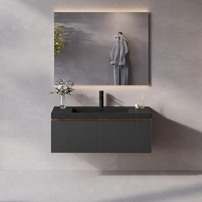 42'' Floating Bathroom Vanity with Sink Combo, Modern Wall-Mounted Striped Bathroom Storage Cabinet with Soft-Close Drawers and Black Quartz Sand Basin, No Assembly Required
