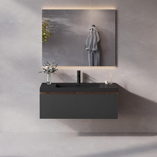 42'' Floating Bathroom Vanity with Sink Combo, Modern Wall-Mounted Striped Bathroom Storage Cabinet with Soft-Close Drawers and Black Quartz Sand Basin, No Assembly Required