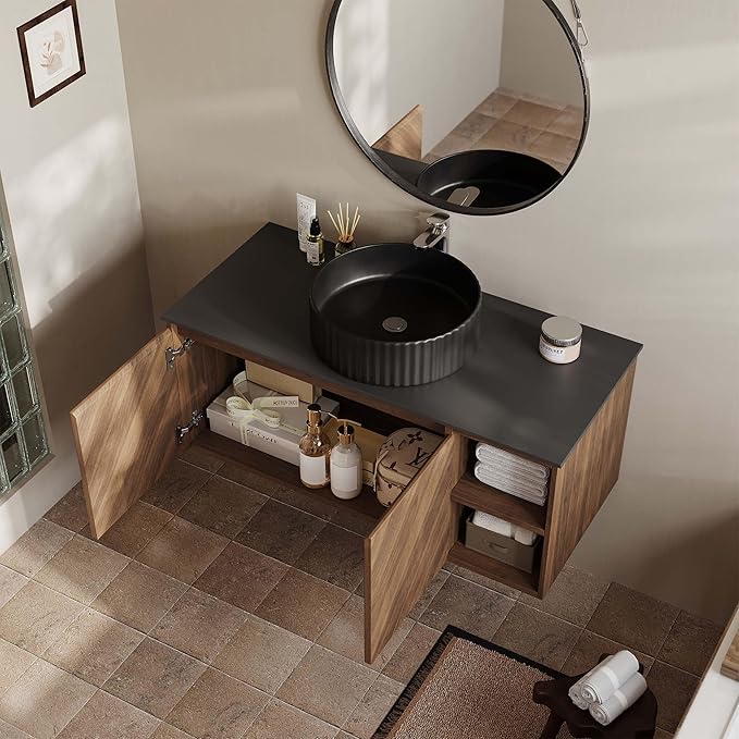 36 Inch Floating Vanity Bathroom with Single Sink, Wall-Mounted Floating Bathroom Cabinet with Sintered Stone Countertop & Black Ceramic Basin, Ample Storage and Open Shelves, Dark Wood