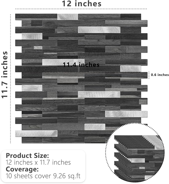 STICKGOO Peel and Stick Backsplash Tile, Stick on Backsplash for Kitchen and Bathroom, Black Grey Wood Look PVC Mixed Metal Silver Self Adhesive Wall Tiles(Sample)
