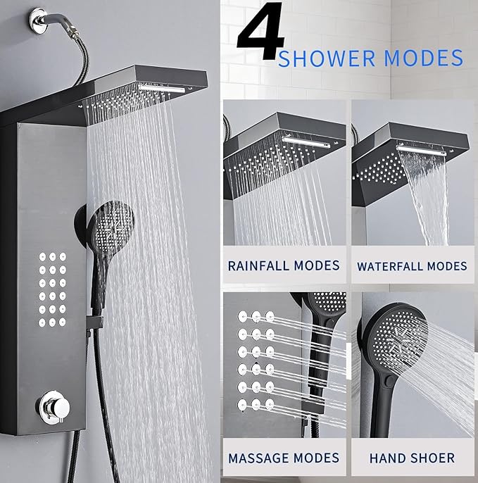 Shower Panel Tower System,Rain Shower Head Rainfall Waterfall Shower,Handheld High Pressure Rain Massage System(Black)