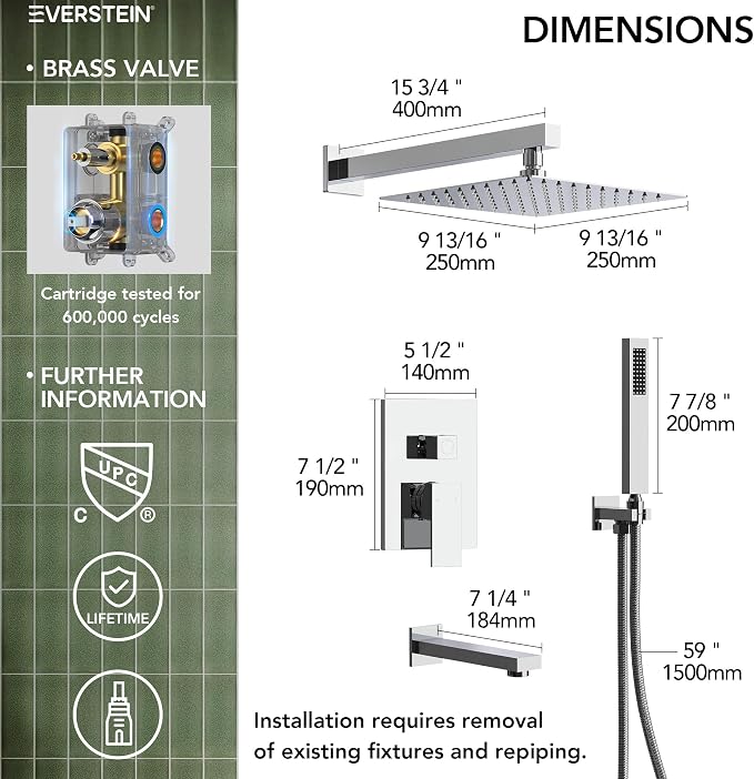 Shower Tub Faucet Set, 10" Bathroom Rainfall Shower Head Fixtures Combo with Handheld Spray and Tub Spout, Chrome (Valve Included)