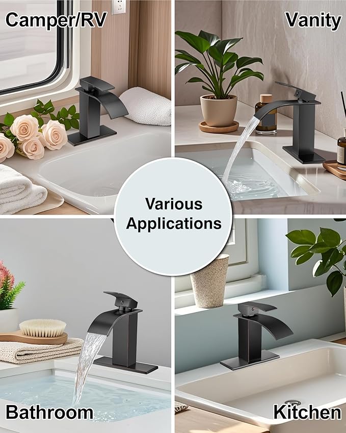 Midanya Waterfall Spout Bathroom Faucet Single Handle 1 Hole Bathroom Sink Faucet,Modern RV Lavatory Vanity Basin Tap with Water Hose,No Drain,Short Body,Oil Rubbed Bronze
