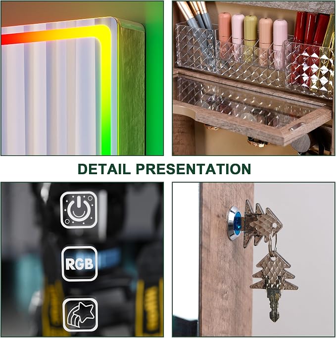 HNEBC Over the Door Jewelry Organizer with LED RGB Lights, 47.2" Full Length Mirror with Storage, Wall Mounted Jewelry Armoire, Hanging Mirror with 2 Drawers,Lokable,3 Shelves-Wood