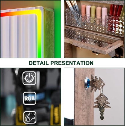 HNEBC Over the Door Jewelry Organizer with LED RGB Lights, 47.2" Full Length Mirror with Storage, Wall Mounted Jewelry Armoire, Hanging Mirror with 2 Drawers,Lokable,3 Shelves-Wood
