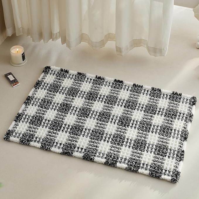 TYUU Waffle Bath Mat, Checkered Bathroom Rugs Non Slip, 30x20 Black & White | Super Absorbent Quick Dry Bath Rug, Non-Slip Backing, Soft Waffle Washable Farmhouse Bathroom Mats, Tub, Shower & Home Decor