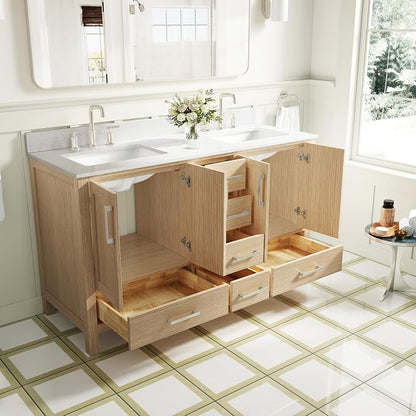 60-Inch Bathroom Vanity with Sink, 4 Soft-Close Doors and 6 Soft-Close Drawers, Bathroom Freestanding Vanity with Cultured Marble Countertop, Oak Vanity with Brushed Nickel Handles