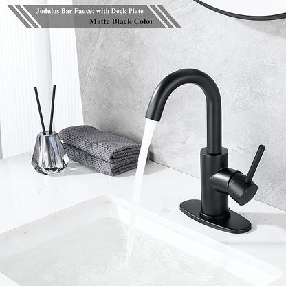 Black Bar Faucet Single Hole, Jodulos Black Matte Bar Sink Faucet with Deck Plate and Supply Lines, Stainless Steel Single Handle Wet Bar Sink Faucet, Matte Black Bathroom Faucet JU1100-BK