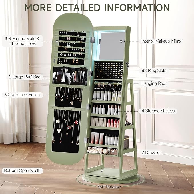360° Swivel Jewelry Mirror Cabinet with Lights, Inside Makeup Mirror, Standing Jewelry Armoire Organizer, Rotatable Full-Length Mirror with Jewelry Storage, Lockable with Back Storage Shelves (Green)