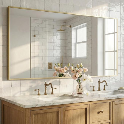 60"x30" Satin Gold Wide Bathroom Wall Mirror for Double Vanity | Wide Double Vanity Mirror, Slim Metal Frame, Long Console or Buffet Use, Vertical/Horizontal Mount, Tempered Glass