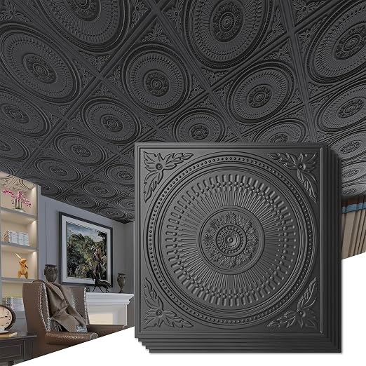 Art3d 12-Pack 2 x 2 ft Drop Ceiling Tiles for Interior Decor, Black | PVC, Waterproof, Lightweight, Shatterproof, Anti-Fade, Compatible with Grid System, Ideal for Kitchen, Bathroom, Basement