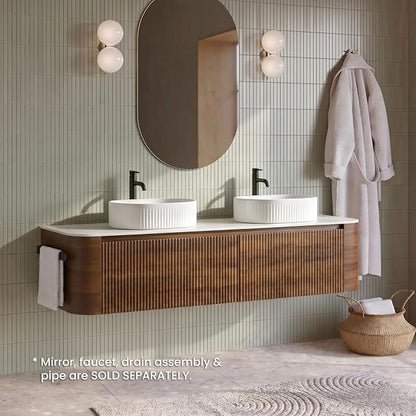 72" Preassembled Double Floating Bathroom Vanity with White Sink, Walnut | Mid-Century Modern Style, Fluted & Soft-Close Drawer with U-shaped Wall, Sinterted Stone Countertop, Towel Rack Included