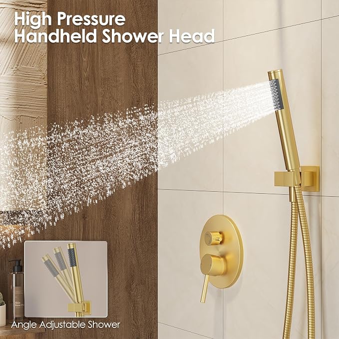 Gabrylly Shower System, 10" Wall Mounted Shower Faucet Set, Brushed Gold | Rain Shower Head with Handheld Spray Combo, All Metal Rainfall Shower Head Complete Set Shower Mixer Valve for Bathroom