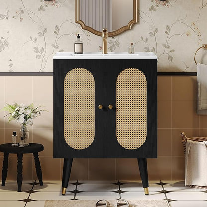 DWVO 24 Inch Rattan Vanity with Sink, Small Freestanding Bathroom Vanity Cabinet, Boho Style with 2 Large Soft-Closing Doors & Four-Sided Water Barrier Strip, Black