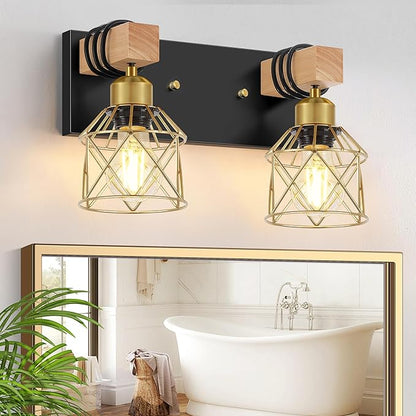 FadimiKoo Rustic Style Wood Bathroom Wall Sconces, 2-Light Black Gold Bathroom Vanity Light Fixtures with Metal Shade, Light Fixtures Wall Mount for Living Room, Hallway, Dressing Table