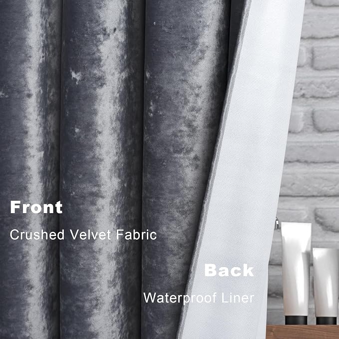 TAMGHO Crushed Velvet Shower Curtain, Grey, 72" x 72" | Coordinating Nickle Grommets and Hooks, Machine Washable, Water Repellent