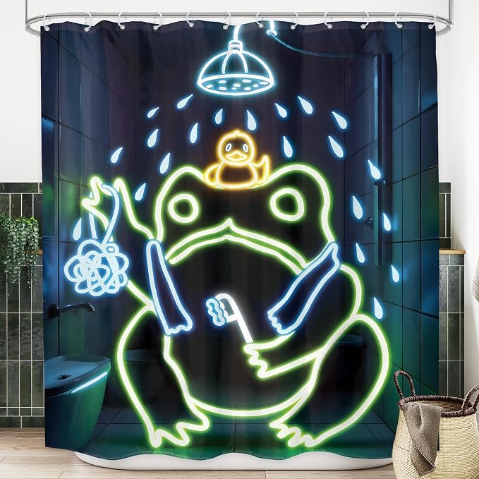 Funny Neon Frog Shower Curtain Bathroom Set 71Wx71H Inches Japanese Cool Asian Traditional Aesthetic Minimalist Animal Cute Lovely Bath Accessories Kids Boy Art Home Decor Fabric 12 Pack Hooks | 71Wx71H Aesthetic Minimalist waterproof HD print, quick-d...