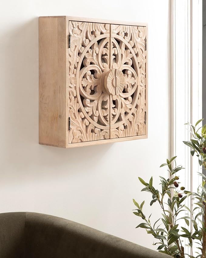 Kate and Laurel Saanvi Traditional Carved Wood Wall Cabinet, 20 x 6 x 20, Light Natural, Dimensional Over The Toilet Storage Cabinet for Bathroom Storage and Display