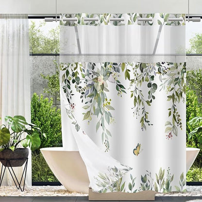 No Hook Shower Curtain and Liner Set, Sage Green Eucalyptus 71x74 | Floral Design, with Snap in Liner, See-Through Top Window, Waterproof, Machine Washable, Quick-Drying, for Hotel Bathroom