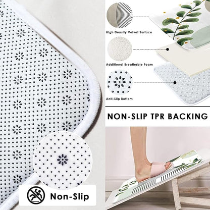 Bathroom Sets with Shower Curtain and Rugs, 4 Pcs, Boho Sage | Green Abstract Botanical Mid Century Bathroom Decor Set with Toilet Lid Cover, Non-Slip Bath Mats and Accessories 12 Hooks