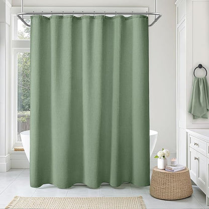 Long Waffle Shower Curtain - Sage Green Cotton Texture Fabric Heavyweight Shower Curtains for Bathroom,72Wx78L