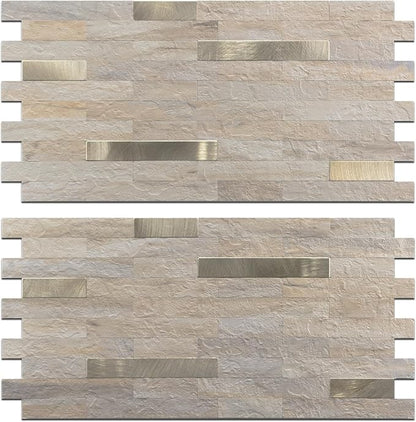 StyloVue 2 Sheets Kitchen Peel and Stick Backsplash Tiles, Beige with Metal Gold Look Stick on Backsplash for Kitchen, RV, Fireplace