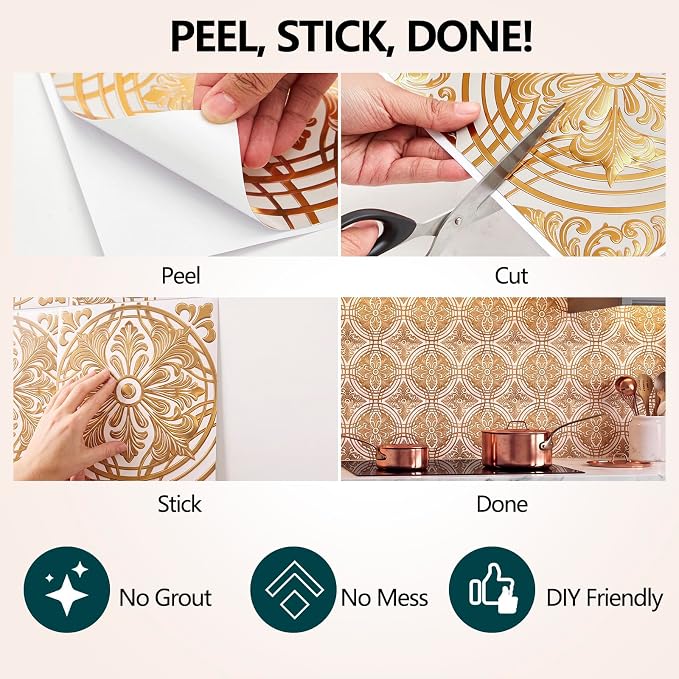 48 Pack 3D Metallic Peel and Stick Backsplash Tiles, 8"x8" Self Adhesive Wall Panels for Kitchen Bathroom, Waterproof Decorative Tiles for Renters and DIY, Easy Install, Cream Gold Relief Floral