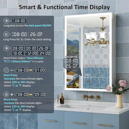 ACEMIRO 24"×32" Medicine Cabinet with Mirror and Lights, Surface or Recessed LED Bathroom Mirror Cabinet with Outlet & USB Ports, Defogger, Dimmer, Memory Function, Clock & Temp, Door Right Open