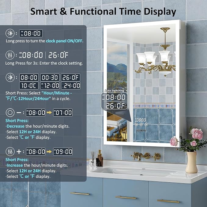 ACEMIRO 20"×30" Bathroom Mirror Cabinet, Recessed Lighted Medicine Cabinet with Mirror, Dimmable 3 Color Lights, Clock & Room Temp Display, Defogger, LED Bathroom Cabinet with Storage, Left Hinge