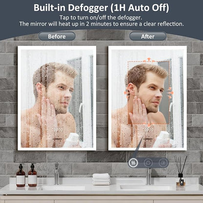 ACEMIRO 24"×32" Medicine Cabinet with Mirror and Lights, Surface or Recessed LED Bathroom Mirror Cabinet with Outlet & USB Ports, Defogger, Dimmer, Memory Function, Clock & Temp, Door Right Open