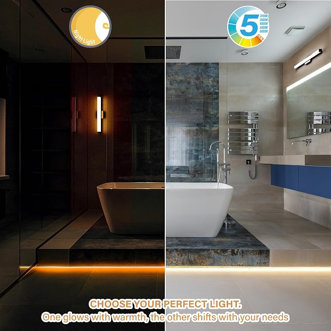 24 Inch Bathroom Vanity Light Fixtures with Night Light: Long Square Wall Mounted LED Lighting Bar Over Mirror with 5CCT & 2200K Color Changing, 120V, 1230-1350lm, ETL, Chrome, 1 Pack