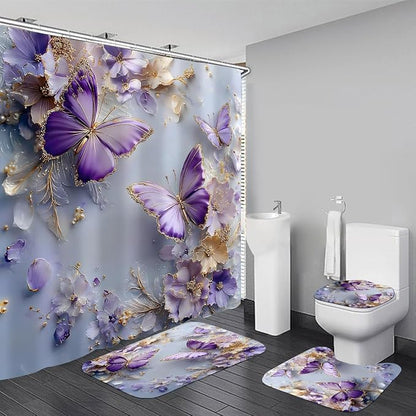 Chrainy 4pcs Purple Butterfly Shower Cutain Set Bathroom Decor with Rugs | Floral Bath Accessories with Waterproof Curtain, Bath Mat, Toilet Lid Cover, U-Shaped Rug and 12 Hooks for Washroom, 71*71in