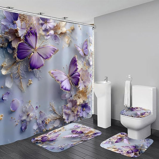 Chrainy 4pcs Purple Butterfly Shower Cutain Set Bathroom Decor with Rugs | Floral Bath Accessories with Waterproof Curtain, Bath Mat, Toilet Lid Cover, U-Shaped Rug and 12 Hooks for Washroom, 71*71in