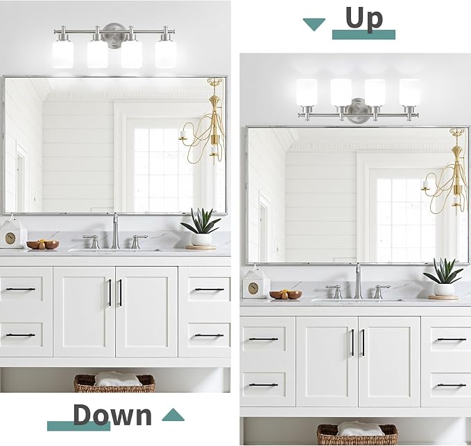 4 Light Bathroom Vanity Light, 23 In Brushed Nickel Vanity Light Fixture | Modern Anti-Rust Wall Sconce over Mirror with White Frosted Glass Shade, Bathroom, Hallway, 23 In, E26(Bulbs Not Included)