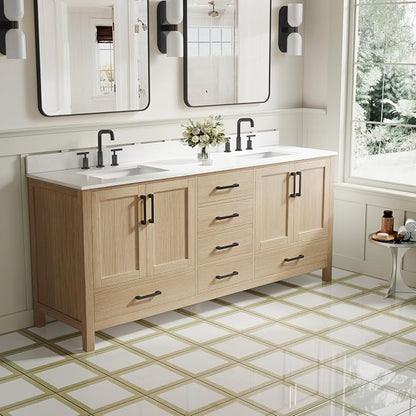 80-Inch Bathroom Vanity with Sink, 4 Soft-Close Doors and 6 Soft-Close Drawers, Bathroom Freestanding Vanity with Cultured Marble Countertop, Oak Vanity with Matte Black Handles
