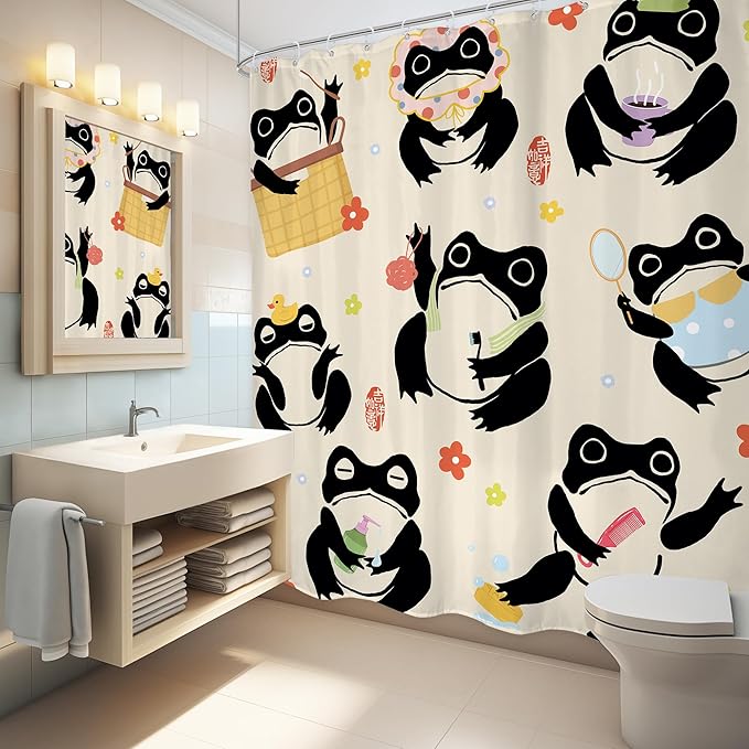 LGhtyro Funny Frog Shower Curtain Bathroom Set 71Wx84H Inches Extra Long Japanese Cute Fun Kids Washing Animal Asian Traditional Floral Bath Accessories Cartoon Art Home Decor Fabric 12 Pack Hooks