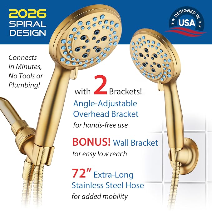 AquaCare New 8-mode High Pressure Handheld Shower Head w/ 2-way Power Wash | Stay Clean Nozzles, Dual Power Wash for Tub, Tile & Pets, Long 6 ft. Stainless Steel Hose, Wall & Overhead Brackets / Gold