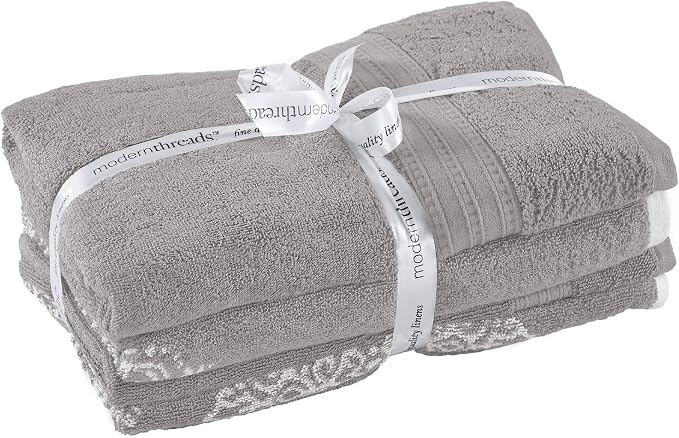 Modern Threads 6-Piece 100% Cotton Damask Medallion Towel Set, Grey | Highly Absorbent, Soft & Plush, Quick-Drying, 550 GSM, Color-Rich Yarn-Dyed Design, OEKO-TEX Certified