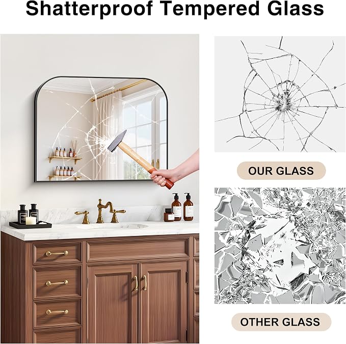 YIROMAN Bathroom Mirrors for Over Sink,30"x24" Black Bathroom Vanity Mirror | Thin Brushed Aluminum Frame,HD tempered glass, Rectangular,Rounded & Right-angle Corners,Sink,Entryway,Bedroom
