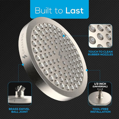 SparkPod Rain Shower Head, 6 Inch Round, Elegant Brushed Nickel Finish | High Pressure Shower Heads, 90 Nozzles, Adjustable Showerhead, No Tools Needed, Universal Connection