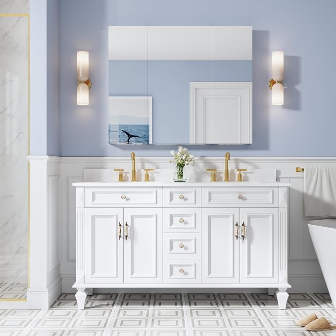 44" x 36" Bathroom Medicine Cabinet with Mirror, Anodized Chrome Aluminum Frame, Surface Mount or Recessed Medicine Cabinet with Mirror, Bathroom Mirror with Storage, Three Doors