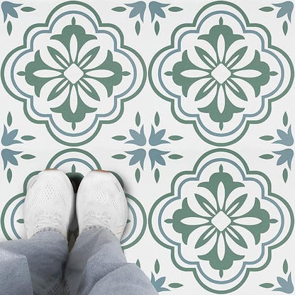 FunStick Sage Green Peel and Stick Floor Tile Vintage Green and White Moroccan Floor Tiles Peel & Stick Vinyl Flooring Roll Waterproof Self Adhesive Laminate Linoleum Flooring for Bathroom Floor Tile