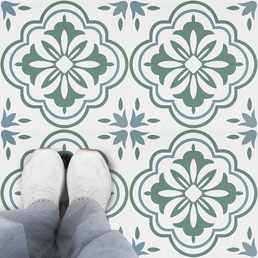 FunStick 12"x142" Green and White Peel and Stick Floor Tile Waterproof Boho Floral Vinyl Flooring Peel and Stick Tile Floor Tiles for Bathroom Kitchen Renter Friendly Stick on Linoleum Flooring Roll