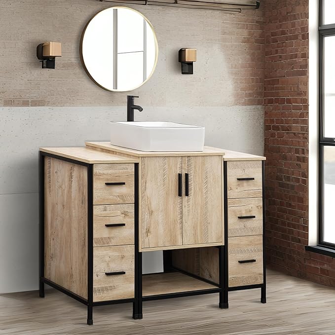 UEV 48" Rustic Oak Bathroom Vanity with Sink Combo,Industrial Iron Frame Bathroom Cabinet Sets with Double 3 Drawers Side Cabinet,Modern Artistic Ceramic Vessel Sink(031WH)