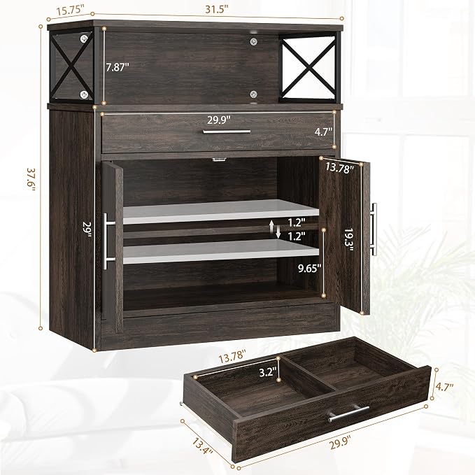 Shintenchi Kitchen Storage Cabinet with Adjustable Shelves and Drawers, Modern Buffet Sideboard, Wood Buffet Cabinet with Doors, Floor Cabinet Cupboard for Coffee Bar Living Room, Dark Brown