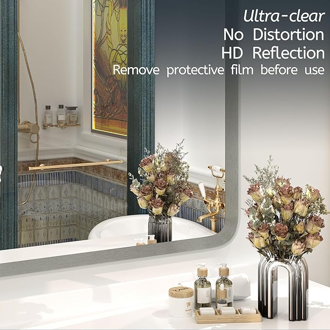 OKPAL Brushed Nickel Bathroom Mirror for Wall 28 x 36 in, Rectangular Metal Framed Silver Mirror for Vanity Beveled Round Corner Aluminum Alloy Rectangle Modern Mirror(Horizontal/Vertical)