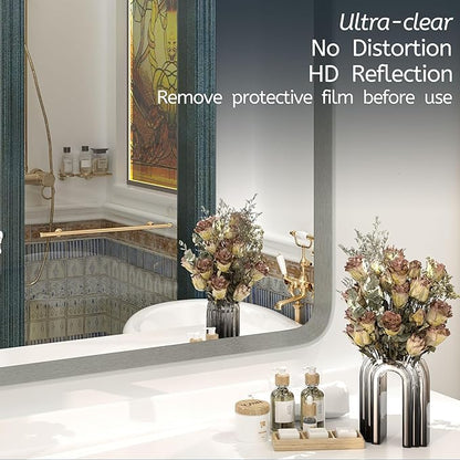 OKPAL Brushed Nickel Mirror 24 x 32 Inch Silver Bathroom Mirror for Over Sink, Rounded Rectangle Farmhouse Vanity Mirror, HD Wall Mirror, Aluminum Alloy Frame (Horizontal/Vertical)