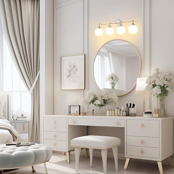 Brushed Nickel Bathroom Light Fixtures Over Mirror Vanity 4-Light | Mid Century Modern Brushed Nicke Wall Sconce with Milky White Glass Ball Shades for for Bathroom Dressing Table Bedroom