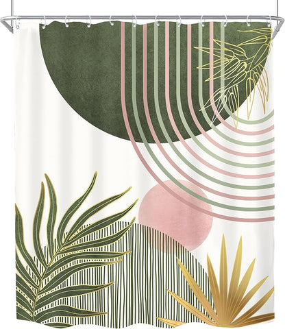 Mid Century Sage Green Pink Boho Abstract Bathroom Shower Curtain Set | 60Wx72L S Plant design, waterproof HD print with fast-drying fabric and 12 hooks.